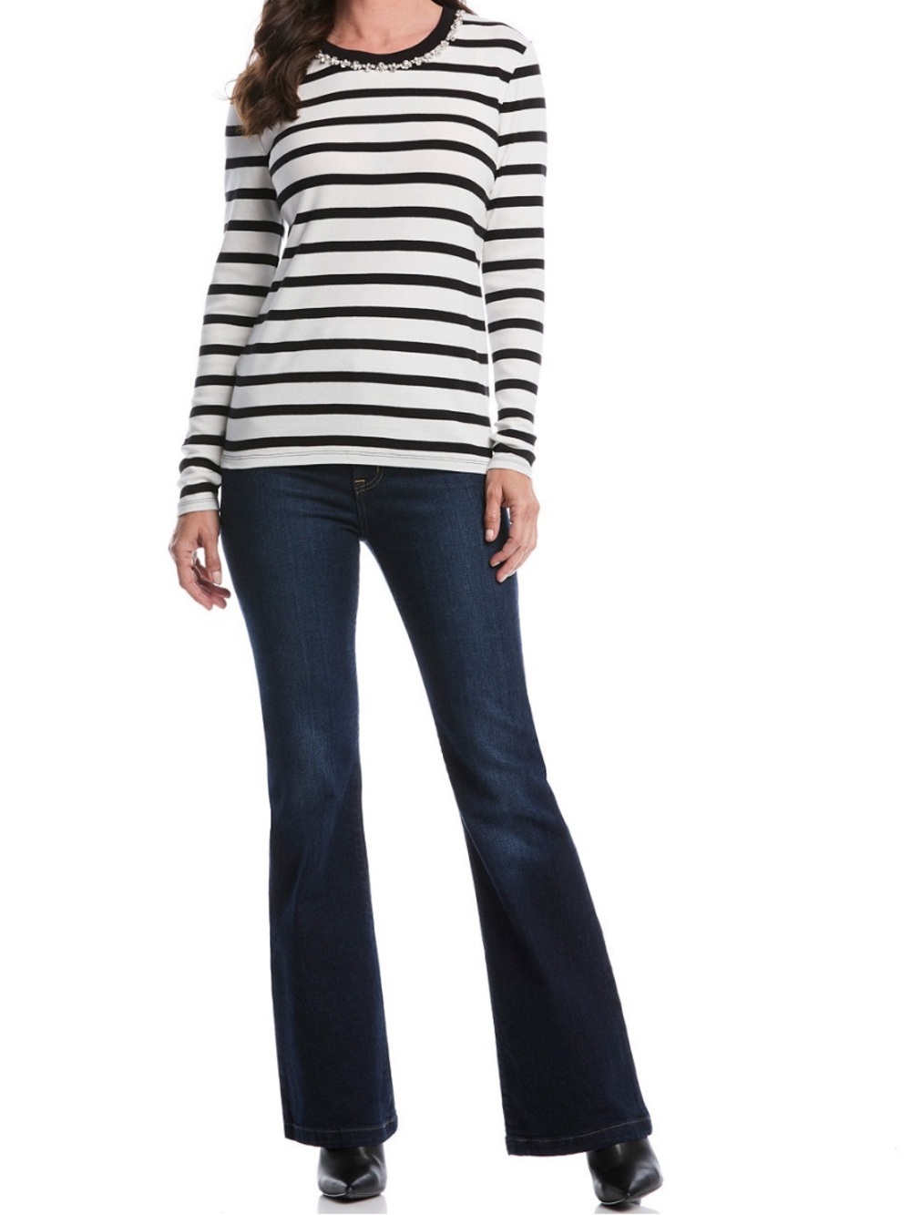 Rafaella Black & White Striped Long-Sleeve Top with Jewel Trim - Size Small - Picture 3 of 8